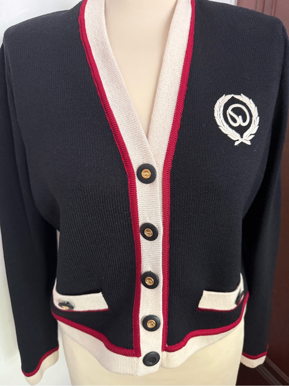St. John Marie Gray Small Black Cardigan with Cream and Trim